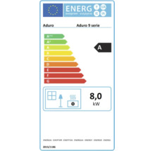 EU Energieeffizienzlabel fuer Aduro 9 Serie Kaminofen mit Energieeffizienzklasse A und 8 Kilowatt Heizleistung.