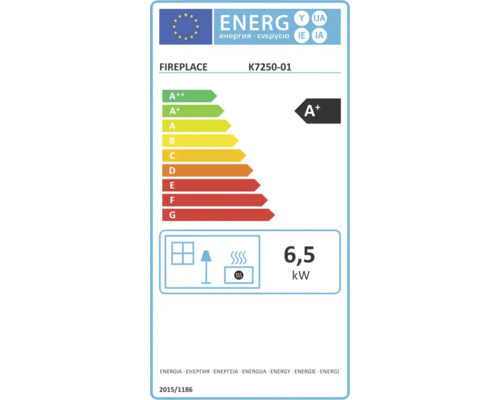 Energieeffizienzlabel Kaminofen Modell K7250 01 mit Energieeffizienzklasse A plus und 6,5 Kilowatt Heizleistung