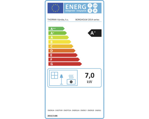 EU Energieeffizienzlabel für Thorma Borgholm Kaminofen mit Energieeffizienzklasse A plus und 7 Komma 0 Kilowatt Nennwärmeleistung.