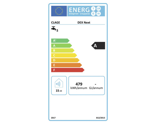 Energieeffizienzlabel für Durchlauferhitzer Clage DEX Next mit Energieeffizienzklasse A und 15 Dezibel Schallemission.