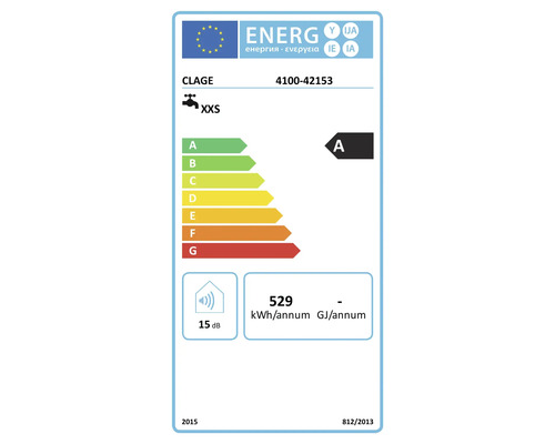 EU Energieeffizienzlabel für Durchlauferhitzer CLAGE 4100 42153 mit Energieeffizienzklasse A und Schallleistungspegel 15 Dezibel.