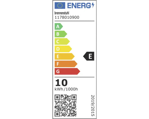 EU Energieeffizienzlabel fuer Brennenstuhl Modell 1178010900 mit Energieeffizienzklasse E und einem Verbrauch von 10 Kilowattstunden pro 1000 Stunden