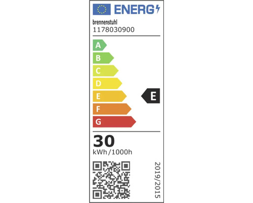 EU Energieeffizienzlabel für Brennenstuhl Modell 1178030900 mit Energieeffizienzklasse E und Verbrauch von 30 kWh pro 1000 Stunden.
