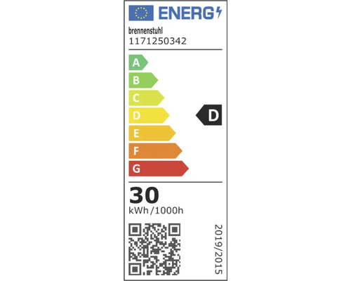 EU Energieeffizienzlabel fuer Brennenstuhl Modell 1171250342 mit Energieeffizienzklasse D und einem Verbrauch von 30 Kilowattstunden pro 1000 Stunden