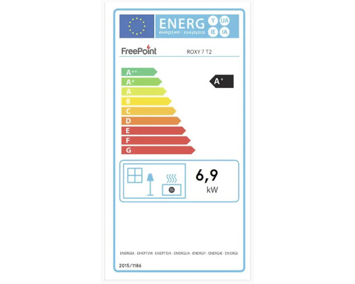 EU Energieeffizienzlabel für FreePoint ROXY 7 T2 Ofen mit Energieeffizienzklasse A plus und 6,9 Kilowatt Nennwärmeleistung.