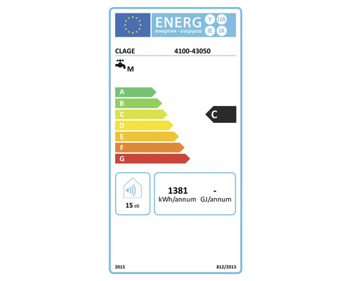EU Energieeffizienzlabel fuer Clage Warmwasserbereiter Modell 4100-43050 mit Klasse C und 1381 kWh pro Jahr.