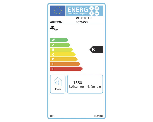 EU Energieeffizienzlabel für Ariston Velis 80 EU Warmwasserspeicher mit Energieeffizienzklasse B und jährlichem Verbrauch von 1284 Kilowattstunden.