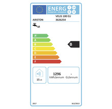 EU Energieeffizienzlabel für Ariston Velis 100 EU Warmwasserbereiter, Energieeffizienzklasse B, jährlicher Stromverbrauch 1296 Kilowattstunden.