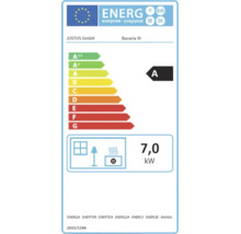 EU Energieeffizienzlabel für Justus Bavaria III Kaminofen mit Energieeffizienzklasse A und 7,0 Kilowatt Nennwärmeleistung.