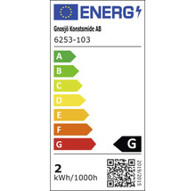 EU Energieeffizienzlabel fuer Gnosjo Konstsmide AB Modell 6253-103 mit Energieeffizienzklasse G und einem Verbrauch von 2 kWh pro 1000 Stunden.