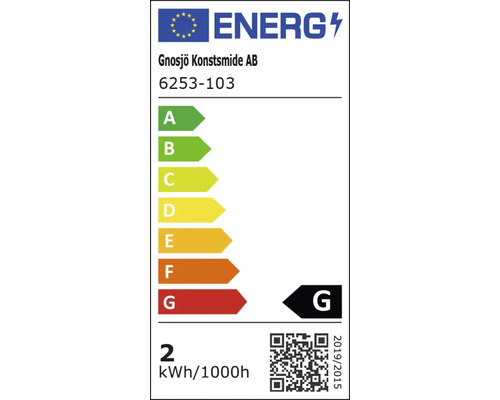 EU Energieeffizienzlabel fuer Gnosjo Konstsmide AB Modell 6253-103 mit Energieeffizienzklasse G und einem Verbrauch von 2 kWh pro 1000 Stunden.