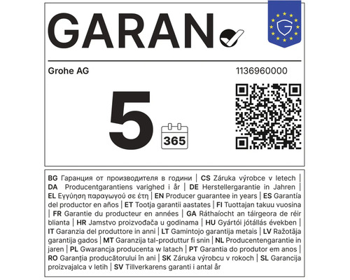 Herstellergarantie von fünf Jahren für Grohe Produkte mit Symbol für Herstellergarantie.