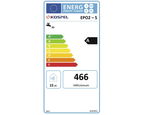 Energielabel Kospel EPO2-5, Energieeffizienzklasse A, jährlicher Energieverbrauch 466 Kilowattstunden, Geräuschemission 15 Dezibel