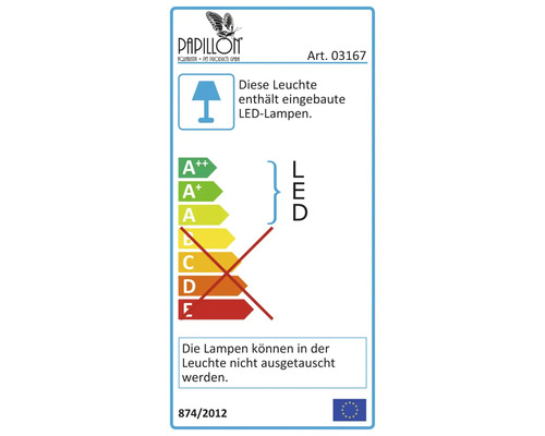 Energielabel der Lampe mit LED-Technologie, wobei die Lampen in der Leuchte nicht ausgetauscht werden können