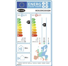 Energielabel für ein Be Cool Produkt mit den Werten: SEER 6,1, SCOP 4,0 und Geräuschemissionen von 50 Dezibel und 60 Dezibel