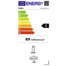 Amica Energieetikett mit Energieeffizienzklasse E, einem jährlichen Energieverbrauch von 89 Kilowattstunden, einem Nutzinhalt von 120 Litern und einer Geräuschentwicklung von 41 Dezibel.