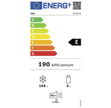 PKM Energielabel GS168-M mit Energieeffizienzklasse E, einem jährlichen Energieverbrauch von 190 Kilowattstunden, einem Gefrierfachvolumen von 168 Litern und einem Kühlfachvolumen von 0 Litern, sowie einer Geräuschemission von 40 Dezibel