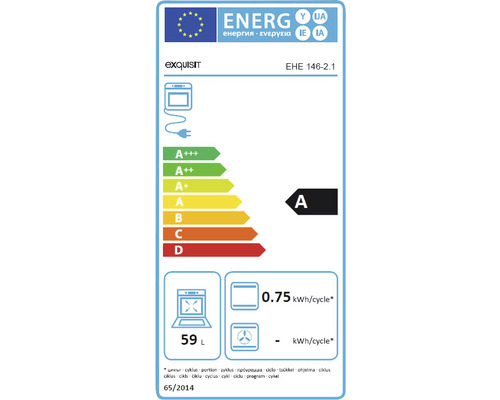 Exquisit Energieetikett EHE 146-2.1 mit Energieeffizienzklasse A, 59 Liter Volumen und einem Energieverbrauch von 0,75 Kilowattstunden pro Zyklus.