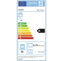 Energielabel des Exquisit EHE 146-2.1 Backofens mit der Energieeffizienzklasse A, einem Energieverbrauch von 0,75 Kilowattstunden pro Zyklus und einem Volumen von 59 Litern.