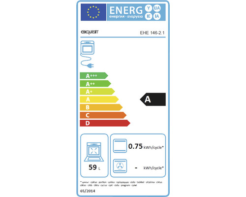 Energielabel des Exquisit EHE 146-2.1 Backofens mit der Energieeffizienzklasse A, einem Energieverbrauch von 0,75 Kilowattstunden pro Zyklus und einem Volumen von 59 Litern.