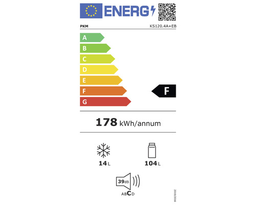 Energielabel für PKM KS120.4A+EB: Energieeffizienzklasse F, jährlicher Energieverbrauch 178 Kilowattstunden, Gefrierfachvolumen 14 Liter, Kühlfachvolumen 104 Liter, Geräuschemission 39 Dezibel, Geräuschemissionsklasse C.