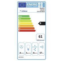 Energielabel für Dunstabzugshaube mit Energieeffizienzklasse B, jährlichem Energieverbrauch von 61 Kilowattstunden und Geräuschemission von 67 Dezibel