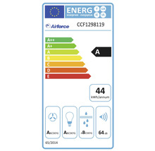 Airforce Energielabel mit der Energieeffizienzklasse A, einem jährlichen Energieverbrauch von 44 Kilowattstunden und einem Geräuschpegel von 64 Dezibel.