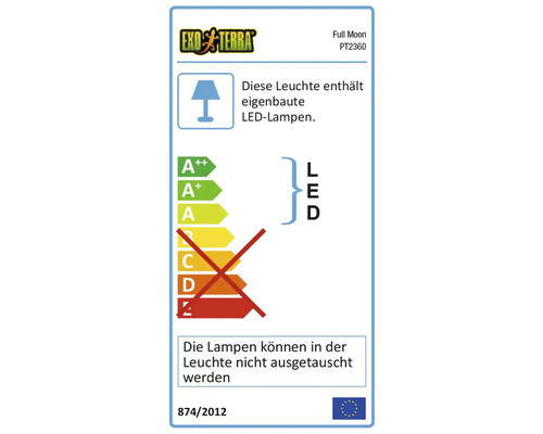 Energieetikett der Exo Terra Full Moon Lampe mit Informationen zu Energieeffizienz und LED-Technologie.