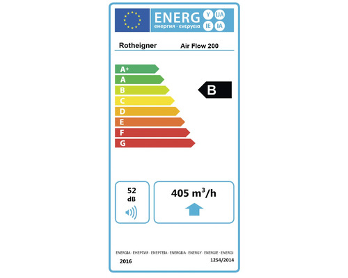 Energielabel für Rotheigner Air Flow 200 mit Energieeffizienzklasse B, 52 Dezibel und 405 Kubikmeter pro Stunde