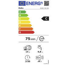 Amica Energielabel mit der Effizienzklasse C, einem Energieverbrauch von 75 Kilowattstunden pro 100 Spülgängen, 14 Maßgedecken, einem Wasserverbrauch von 9,8 Liter pro Spülgang und einer Geräuschentwicklung von 42 Dezibel.