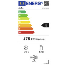 Amica Energielabel mit der Energieeffizienzklasse E, einem jährlichen Energieverbrauch von 175 Kilowattstunden, einem Gefriervolumen von 35 Litern, einem Kühlvolumen von 135 Litern und einem Geräuschpegel von 40 Dezibel.