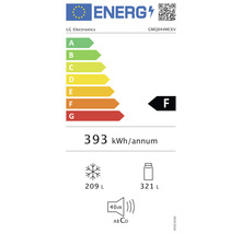 Energielabel mit Energieeffizienzklasse F, jährlichem Energieverbrauch von 393 Kilowattstunden, Gefrierfachvolumen von 209 Litern und Kühlfachvolumen von 321 Litern