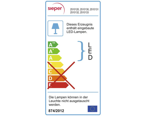 Sieper Logo. Energielabel mit dem Hinweis, dass dieses Produkt eingebaute LED Lampen enthält. Die Lampen können in der Leuchte nicht ausgetauscht werden.