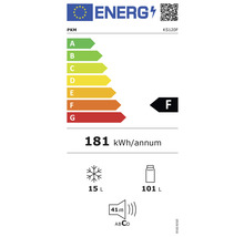 PKM Kühlgerät Energielabel F, Energieverbrauch 181 kWh pro Jahr, Gefrierfach 15 Liter, Kühlfach 101 Liter, Geräuschentwicklung 41 Dezibel, Geräuschemissionsklasse C
