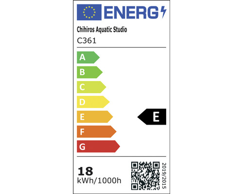 Energielabel Chihiros Aquatic Studio C361, Energieeffizienzklasse E, Stromverbrauch 18 Kilowattstunden pro 1000 Stunden
