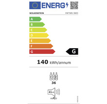 Energielabel für WOLKENSTEIN EWTS85-36ED mit Energieeffizienzklasse G, einem jährlichen Energieverbrauch von 140 kWh, einem Fassungsvermögen von 36 Flaschen und einem Geräuschpegel von 41 Dezibel
