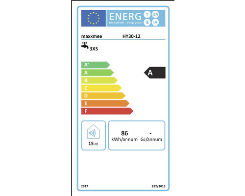 Energielabel für ein maxxmee HY30-12 Produkt mit der Energieeffizienzklasse A.