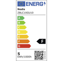 Energielabel der Marke Nedis, ZBLC10GU10, mit der Energieeffizienzklasse F und einem Verbrauch von 5 kWh pro 1000 Stunden