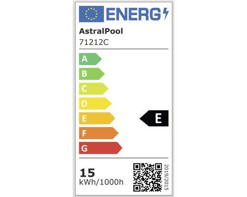 Energielabel AstralPool, Energieeffizienzklasse E, 15 Kilowattstunden pro 1000 Stunden