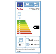 Amica Energielabel für Backofen mit Energieeffizienzklasse A, 65 Liter Volumen und Stromverbrauch pro Zyklus von 0,99 kWh im Standardmodus und 0,78 kWh im Umluftmodus.