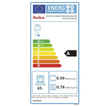 Amica Energielabel für Backofen mit Energieeffizienzklasse A, 65 Liter Volumen und einem Energieverbrauch von 0,99 Kilowattstunden pro Zyklus im Standardbetrieb und 0,78 Kilowattstunden pro Zyklus im Umluftbetrieb.