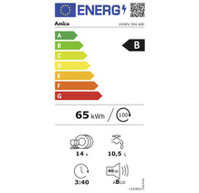 Amica Energielabel mit der Energieeffizienzklasse B, einem jährlichen Energieverbrauch von 65 Kilowattstunden, einer Kapazität von 14 Maßgedecken, einem Wasserverbrauch von 10,5 Litern pro Spülgang und einem Geräuschpegel von 40 Dezibel.