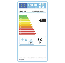 Energielabel für Kaminofen Lyon Speckstein mit der Energieeffizienzklasse A und 8,0 Kilowatt Leistung