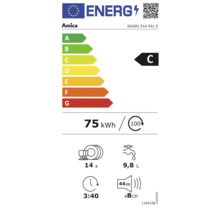 Amica Energielabel mit Energieeffizienzklasse C, Energieverbrauch 75 kWh pro 100 Spülgänge, 14 Maßgedecke, Wasserverbrauch 9,8 Liter, Geräuschpegel 44 Dezibel und Programmdauer 3 Stunden 40 Minuten.