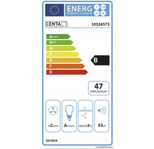 Energielabel der Marke Centa mit der Energieeffizienzklasse B, einem jährlichen Energieverbrauch von 47 kWh und einer Lautstärke von 63 Dezibel