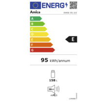Amica Energielabel mit Energieeffizienzklasse E, 95 Kilowattstunden pro Jahr, 158 Liter Volumen und 38 Dezibel Lautstärke.