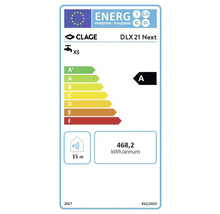 CLAGE DLX 21 Next Energieetikett mit Energieeffizienzklasse A, jährlichem Energieverbrauch von 468,2 Kilowattstunden und Geräuschentwicklung von 15 Dezibel.