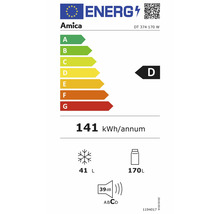 Amica Energielabel mit Energieeffizienzklasse D, einem jährlichen Energieverbrauch von 141 Kilowattstunden, einem Gefriervolumen von 41 Litern, einem Kühlvolumen von 170 Litern und einer Geräuschemission von 39 Dezibel.