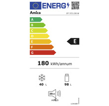 Amica Energielabel mit Energieeffizienzklasse E, einem jährlichen Energieverbrauch von 180 Kilowattstunden, 40 Liter Gefriervolumen und 98 Liter Kühlvolumen sowie einem Geräuschpegel von 39 Dezibel.