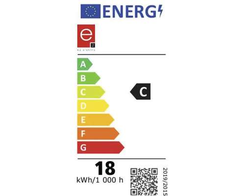 Energielabel mit der Energieeffizienzklasse C, einem Energieverbrauch von 18 Kilowattstunden pro 1000 Stunden und dem e2 elektro Logo.